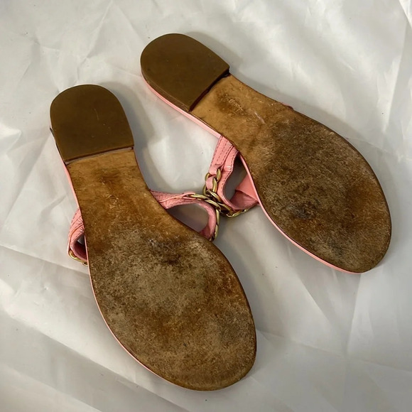 COACH Rizzo Pink Gold Chain Thong Sandals Cork Footbed Leather Sole As Is 7.5B - Picture 6 of 12